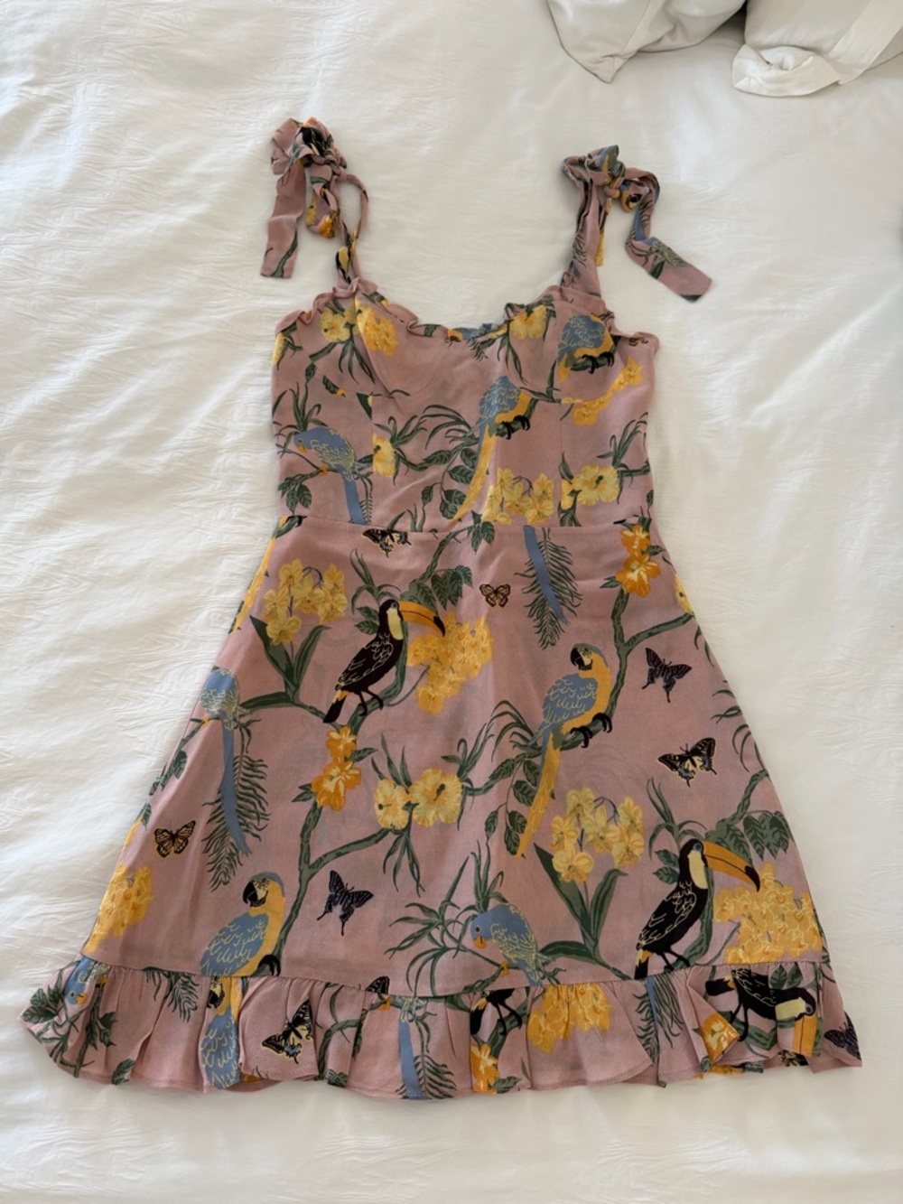 Reformation Dusty Pink Parrot & Floral Tie-Shoulder Sundress